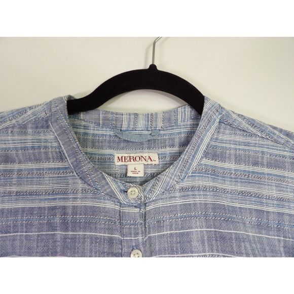 Merona Denim Blue Henley Striped Boyfriend Shirt Tunic Cotton Blouse | Large‎ - Picture 7 of 8